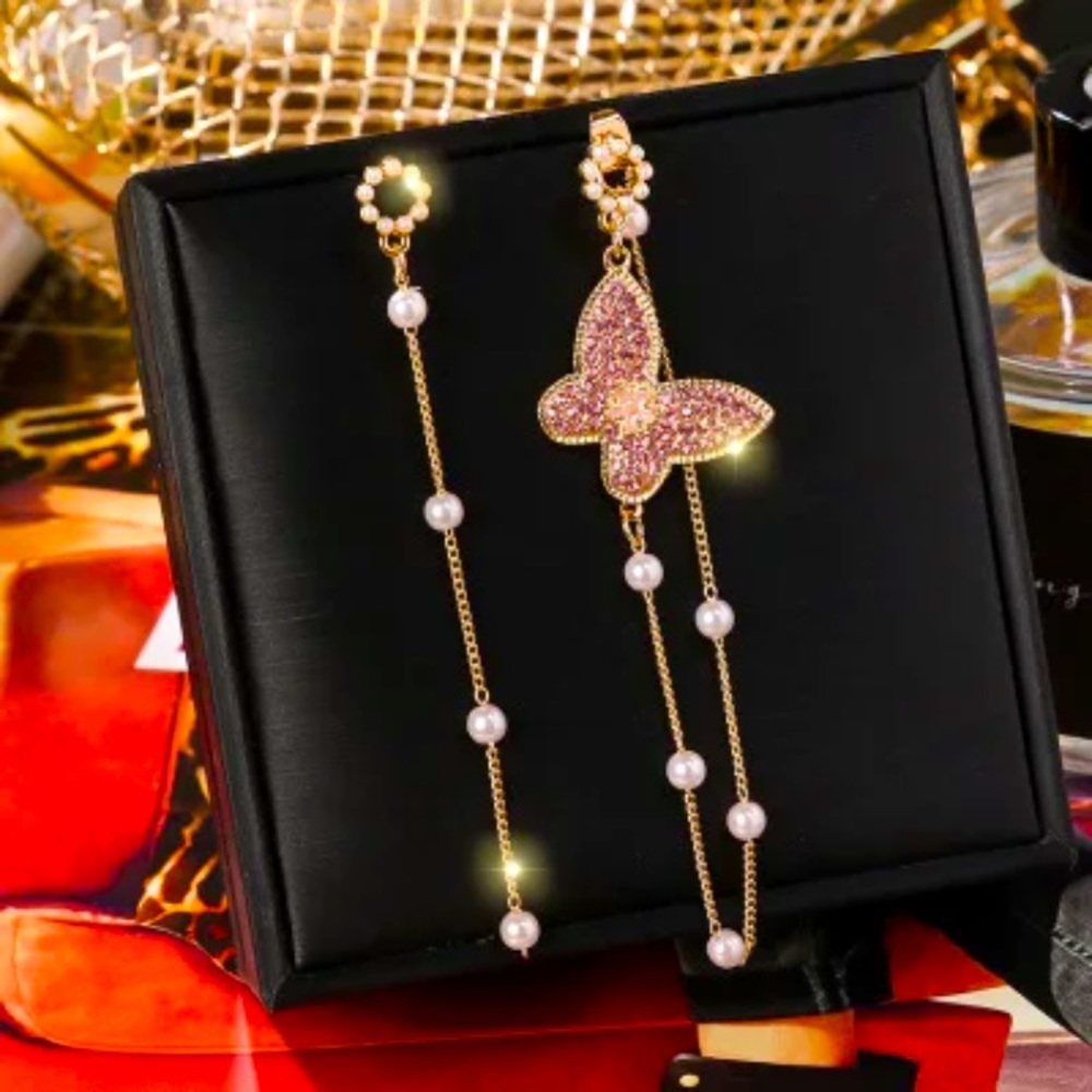 Pink Rhinestone Asymmetrical Butterfly Earrings